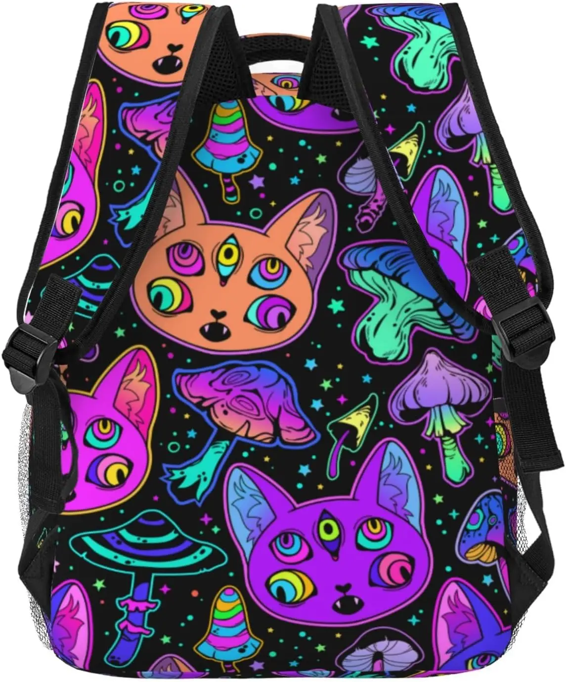 Backpack Casual Halloween Trippy Eyes Black Cat Mushrooms Bookbag with Padded Straps Anti Theft Rucksack for Travel Camping