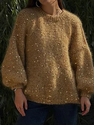 Autumn Sequin Decor Sweater Women 2024 New O Neck Lantern Sleeve Loose Casual Sweaters Vintage Fashion Knitted Pullovers Tops