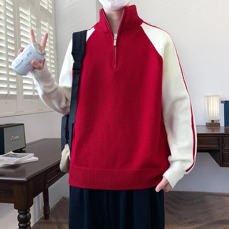 

Мужской вязаный свитер на молнии до середины груди, повседневный, свободного кроя, с воротником в стиле колор-блок, молодежный стиль, удобный, мягкий, из смесового полиэстера