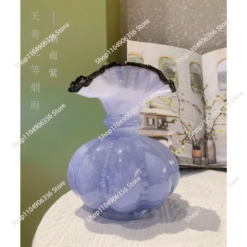 Medieval Fenton style handmade glass purple vase French retro style flower arrangement pumpkin bottle light luxury home ornament