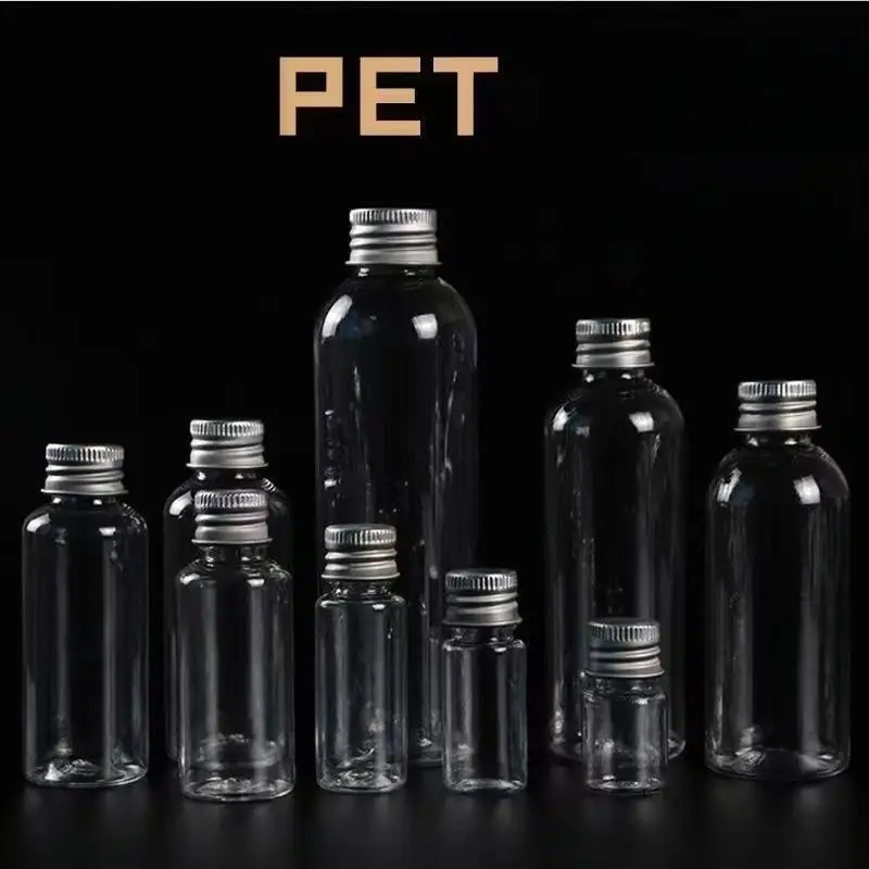 50 Stück Plastikflaschen mit Aluminiumkappe, 100 ml, 50 ml, 30 ml, Probenfläschchen, transparent, tragbar, Reise-Kosmetikbehälter für Lotion