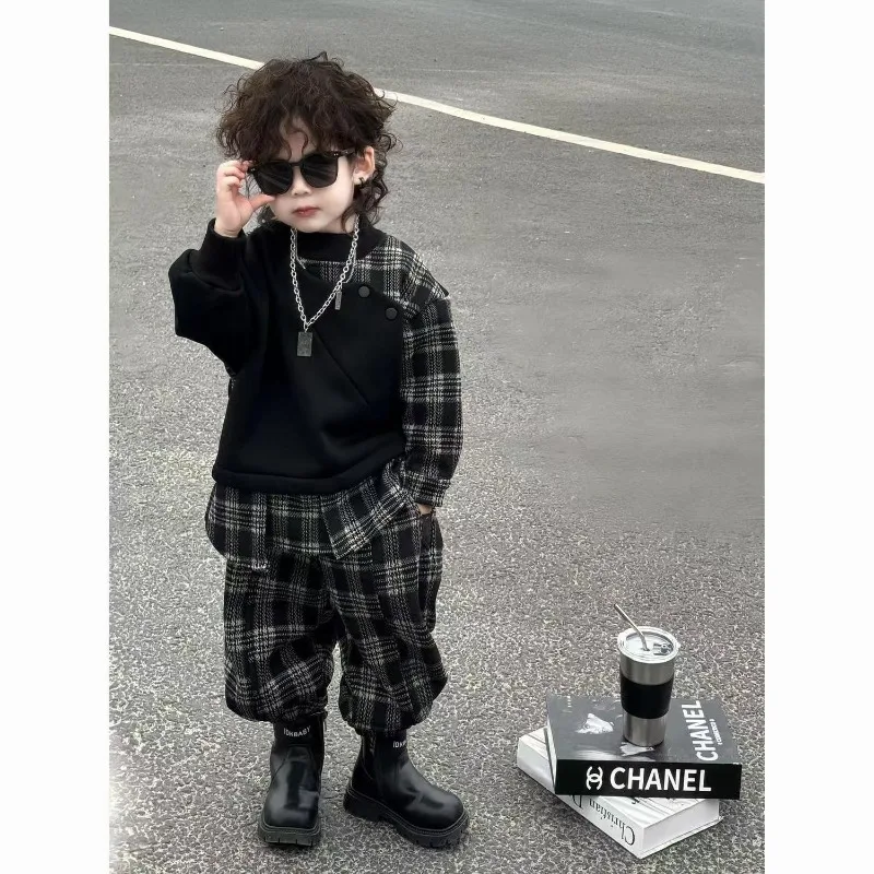 Boys 2-piece Set Spring and Autumn Splicing Plaid Sweater Pants Set 2025 New Children's Trendy Cool and Handsome Clothes