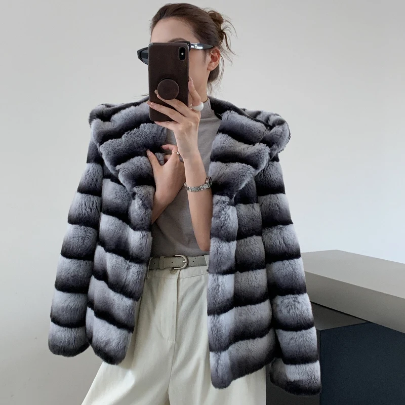 Natural Rabbit Fur Winter Coat Female Gradient Color Hooded Warmth Fur Coat Trendy Imported Real Fur Women's Winter Jackets