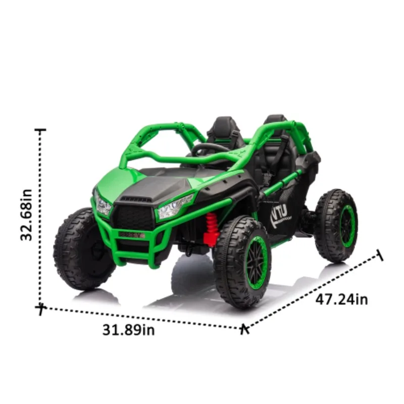 24V 2인승 어린이용 UTV, 좌석 폭 20인치, 400W 초고출력, 후방 수납 공간, 속도 3.73-4.97MPH, 3세 이상 어린이용.