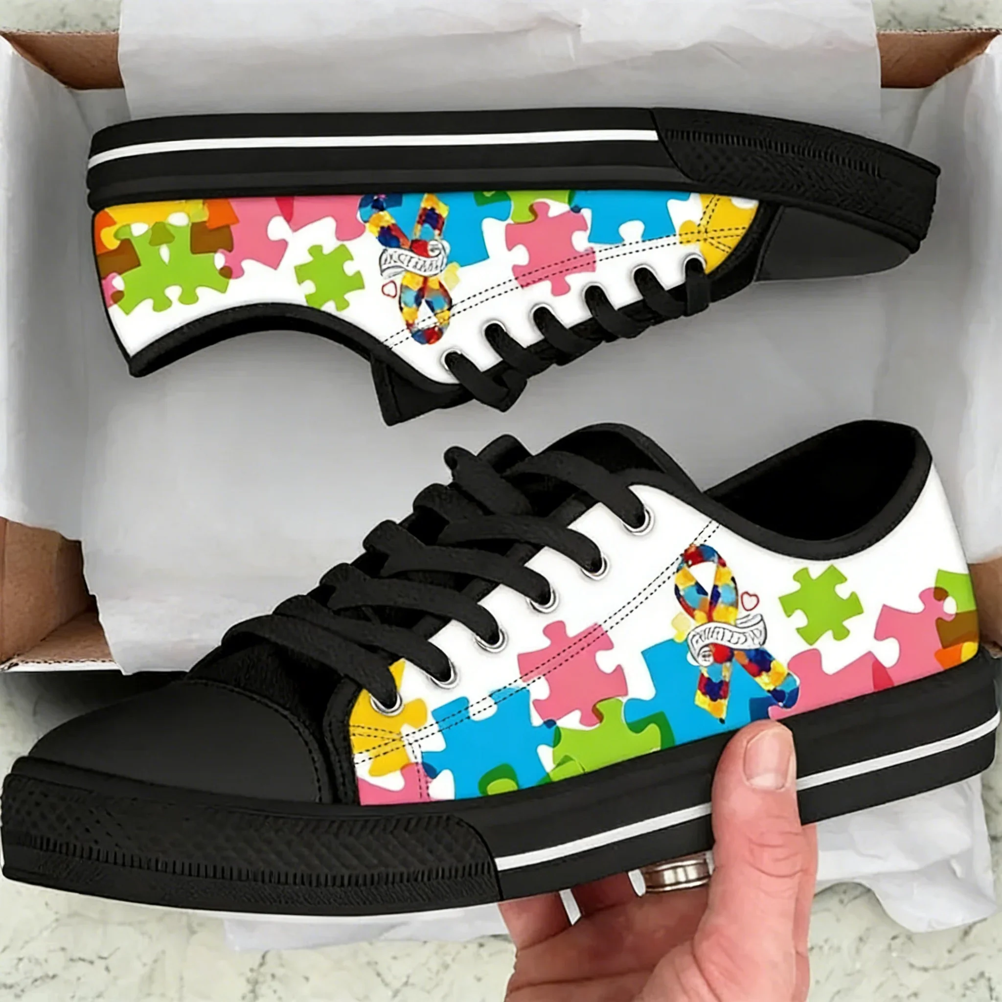 Zapatillas Planas de Lona para Mujer con Diseño de Lazo de Concientización sobre el Autismo y el Cáncer, Zapatos Cómodos de Verano de Caña Baja, Tenis de Malla con Cordones 2023