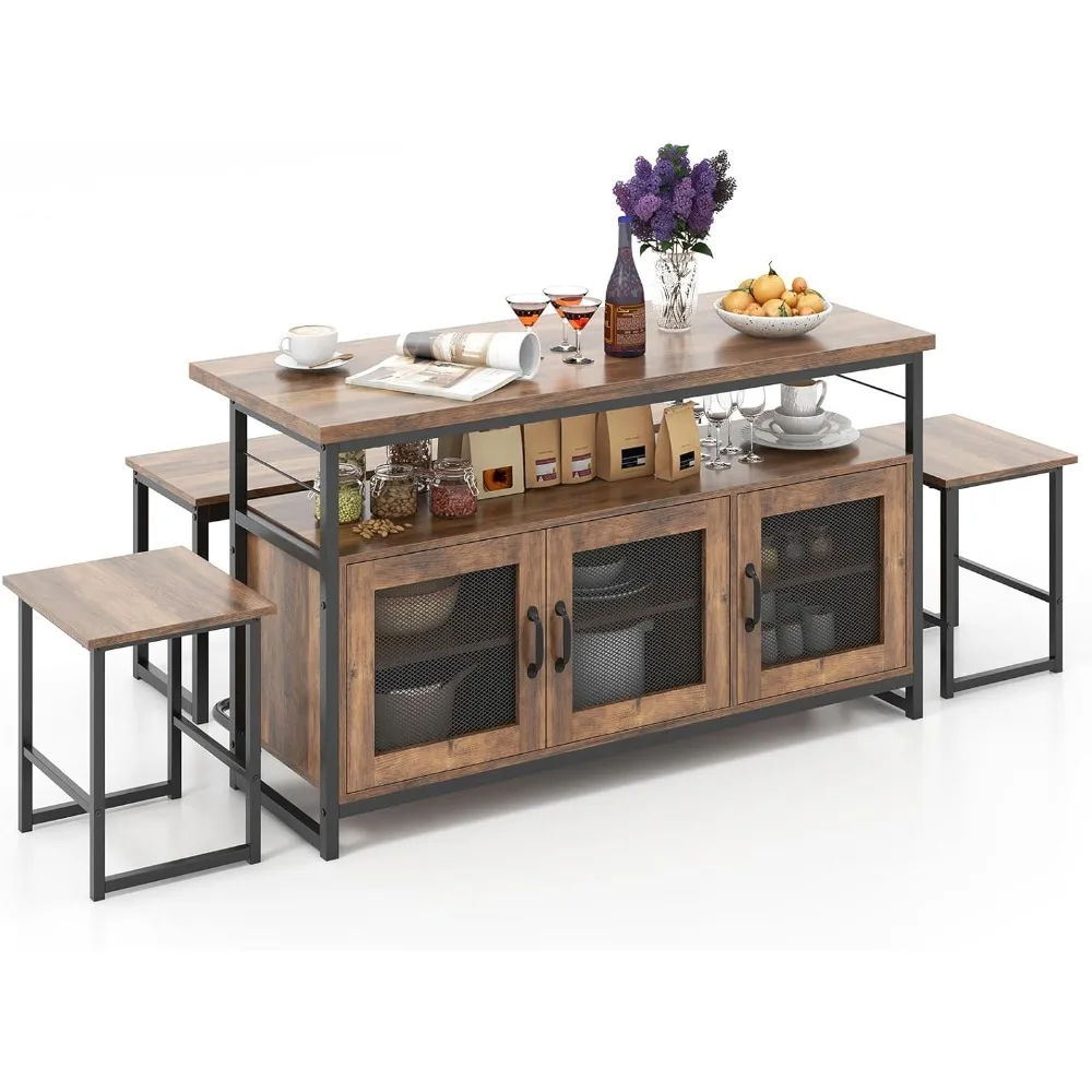 Dining Table Set for 4, Kitchen Island with Seating Bench & Stools, Storage Cabinet, 3-Position Adjustable Shelves, Bar