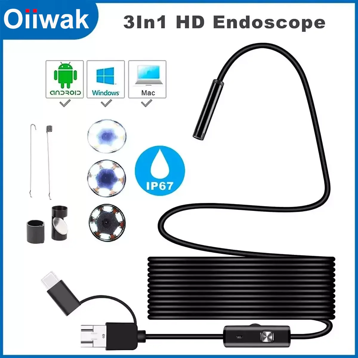 Endoscope Inspection Camera 3 in 1 Micro USB/Type-C Mini Inspection Camera for IOS iphone Waterproof Pipeline Borescope