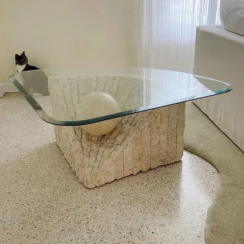 A Nordic wabi-sandy wind natural travertine coffee table living room designer small apartment broken creative tea table