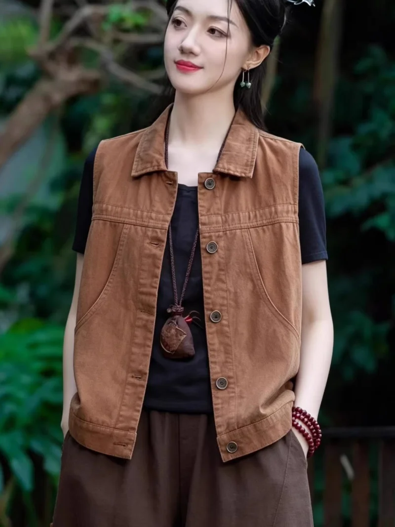 

Artistic Retro Sleeveless Cardigan – Spring/Summer Elegant Threaded Cotton Vest, Women's Work Clothes Short Jacket J409