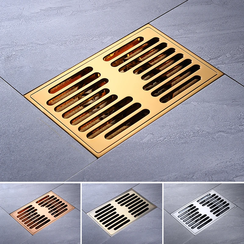 Brushed Gold Shower Drain Bathroom Floor Drain Tile Insert Square Anti-odor Floor Waste Grates 140X90MM Brass Drain