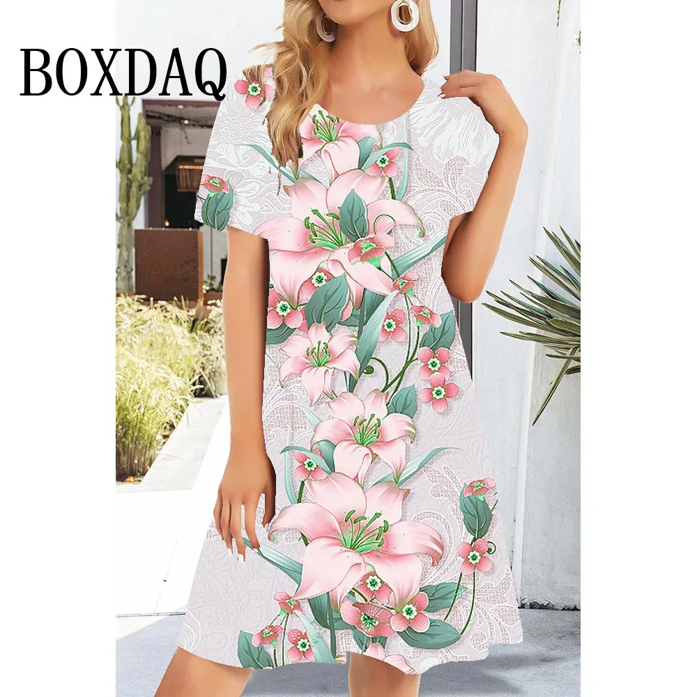 

Short Sleeve Dress New Fashion Women's 3D Pink Flowers Printed Dress Loose Sundress Casual Pullover Ladies Mini Dresses Vestidos
