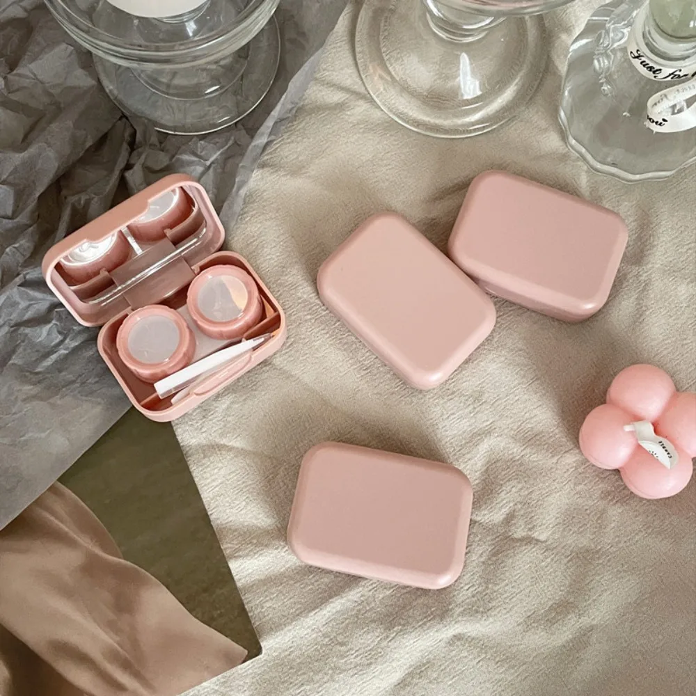 Macaron Color Contact Lens Case Kit Mini Square with Mirror Contact Lens Inserter Solid Color with Tweezers and Suction Stick