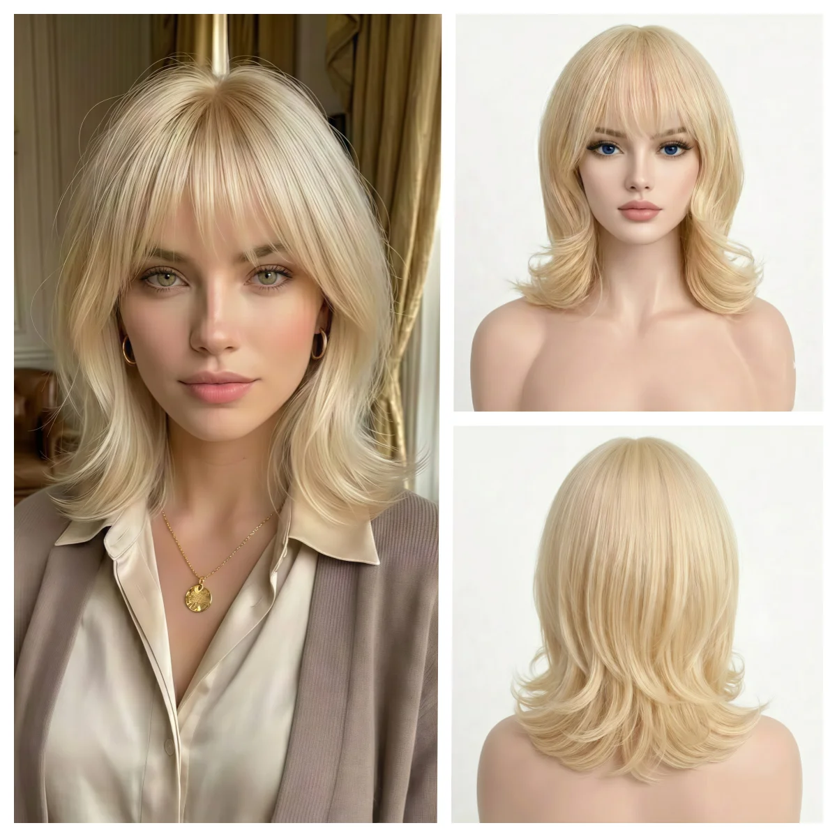 14-Inch short Bobo head wig with bangs, shoulder length wavy layered hairstyle, curly ends, medium length synthetic wig for dail