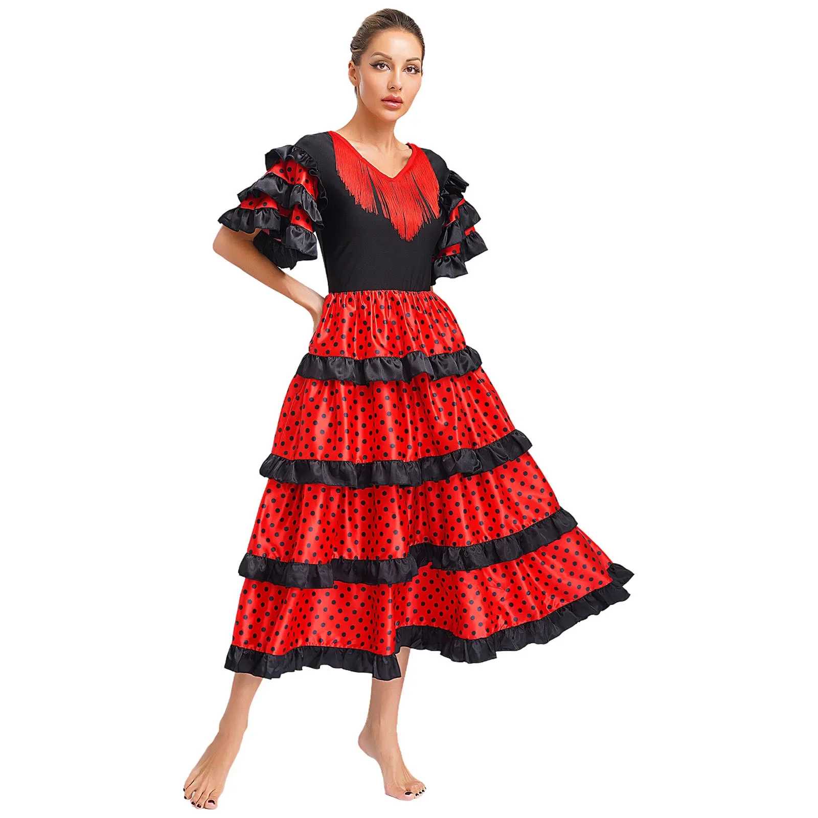 Traje de baile folclórico para mujer, vestido con borlas y cuello en V con volantes y capas, vestido con vuelo de Flamenco, uniforme de competición folclórica mexicana