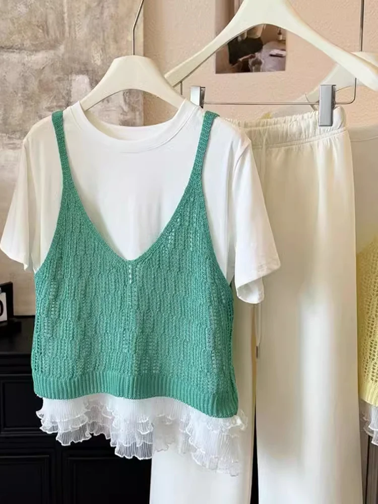 シックなブルーニットベストショートノースリーブレディースアウター春夏ファッション韓国スタイル通勤ルーズフィットソリッドカラー