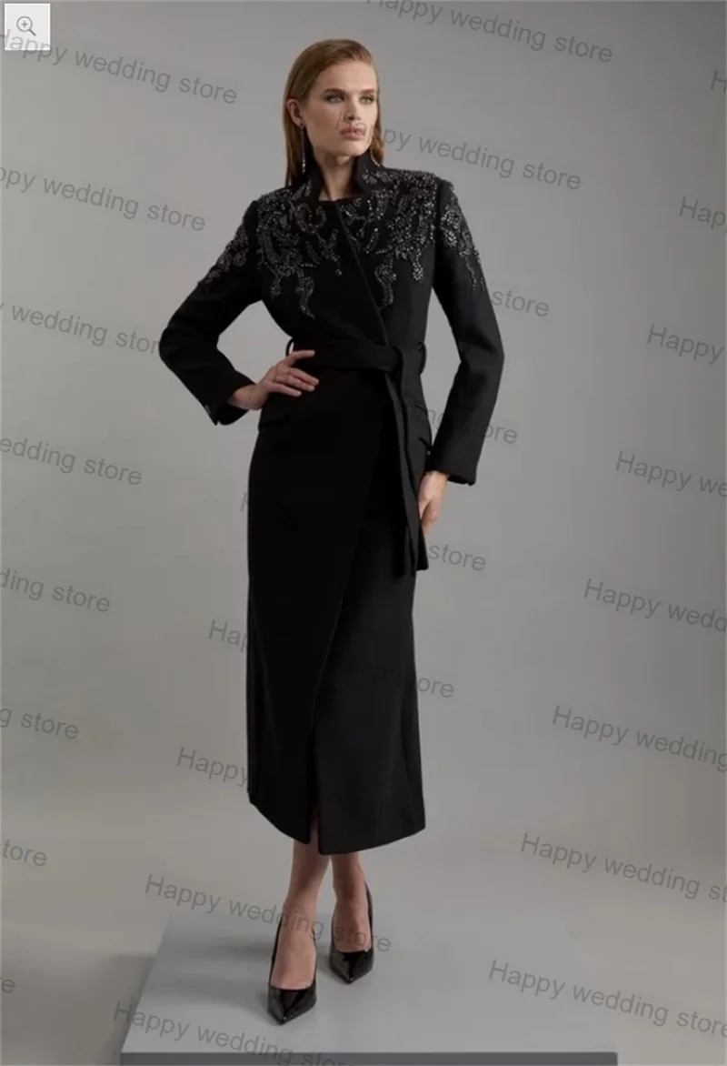 Black Cashmere Woolen Women Suit 1 Piece Crystals Overcoat With Belt Formal Office Lady Wedding Customized Winter Coat Jacket