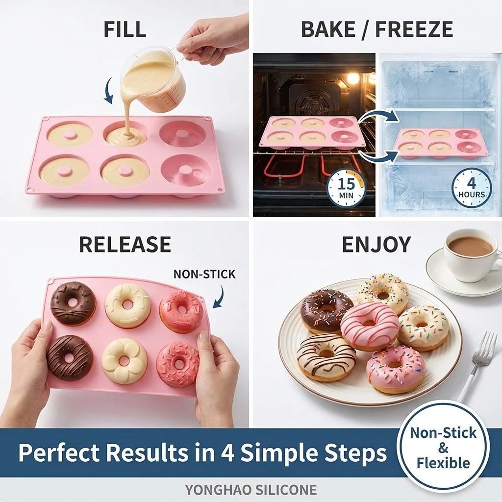 Non-Stick Donut Pan for 6 Doughnuts,BPA-Free,Food Grade Silicone Donut Baking Mold,Dishwasher Safe,Heat Resistant Microwave Safe