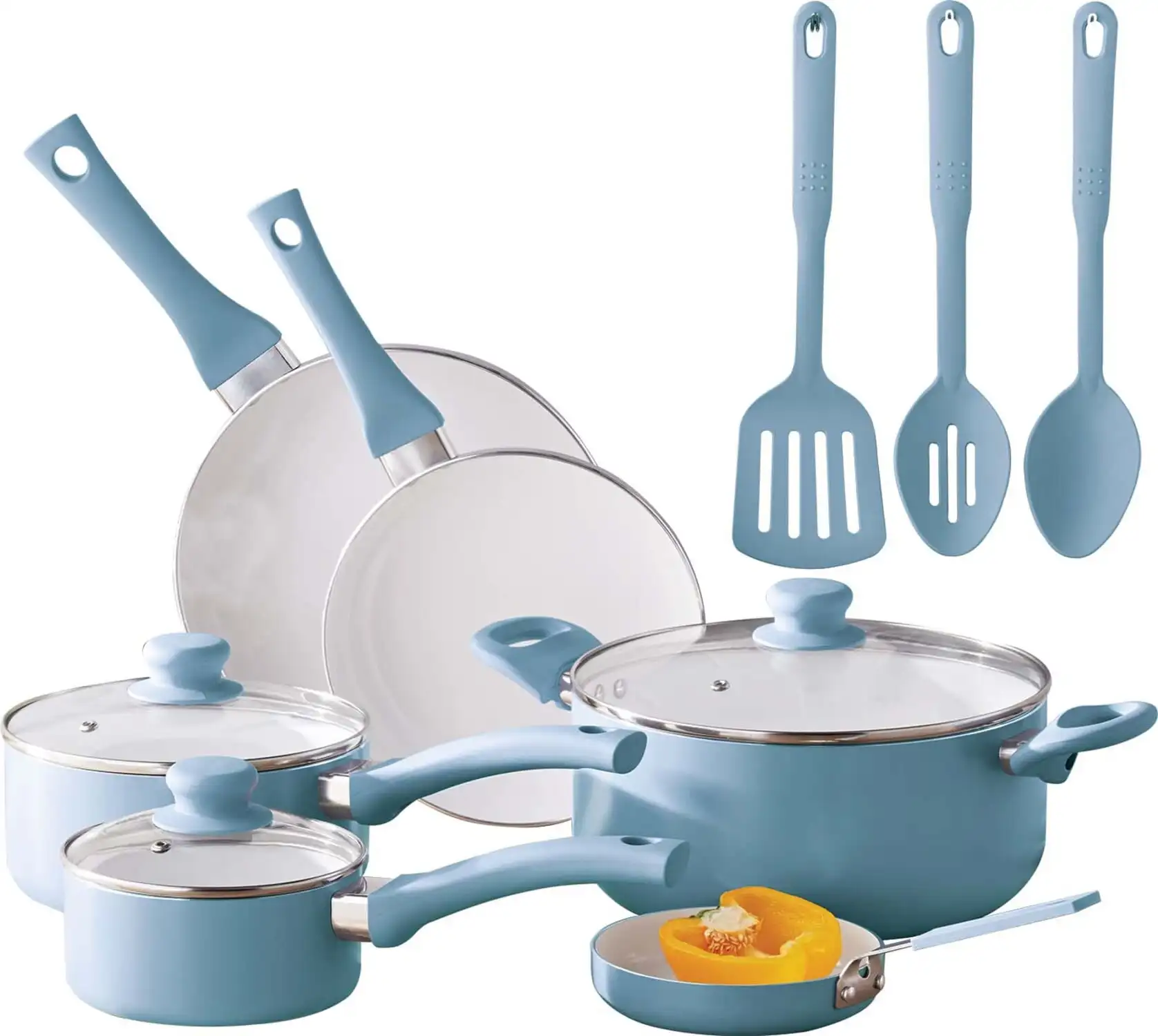 

Ceramic Nonstick 12 Piece Cookware Set, Aqua, Hand Wash Only Pots and Pans , Blue Linen