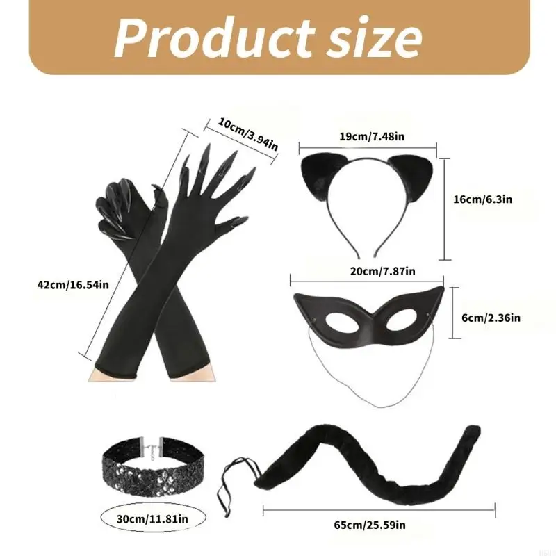 H58E Catwomen Costume Set Cats Ear Headband Choker Necklace Cats Tail Cats Claw Gloves Halloween Catwomen Accessories