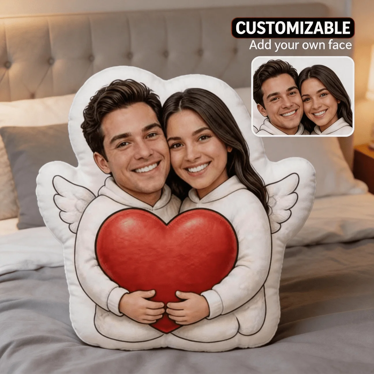 Custom Couple Photo Shaped Pillow, Romantic Angel Heart Design Decorative Cushion with Double-Sided Printing, 60CM Large Size Ac