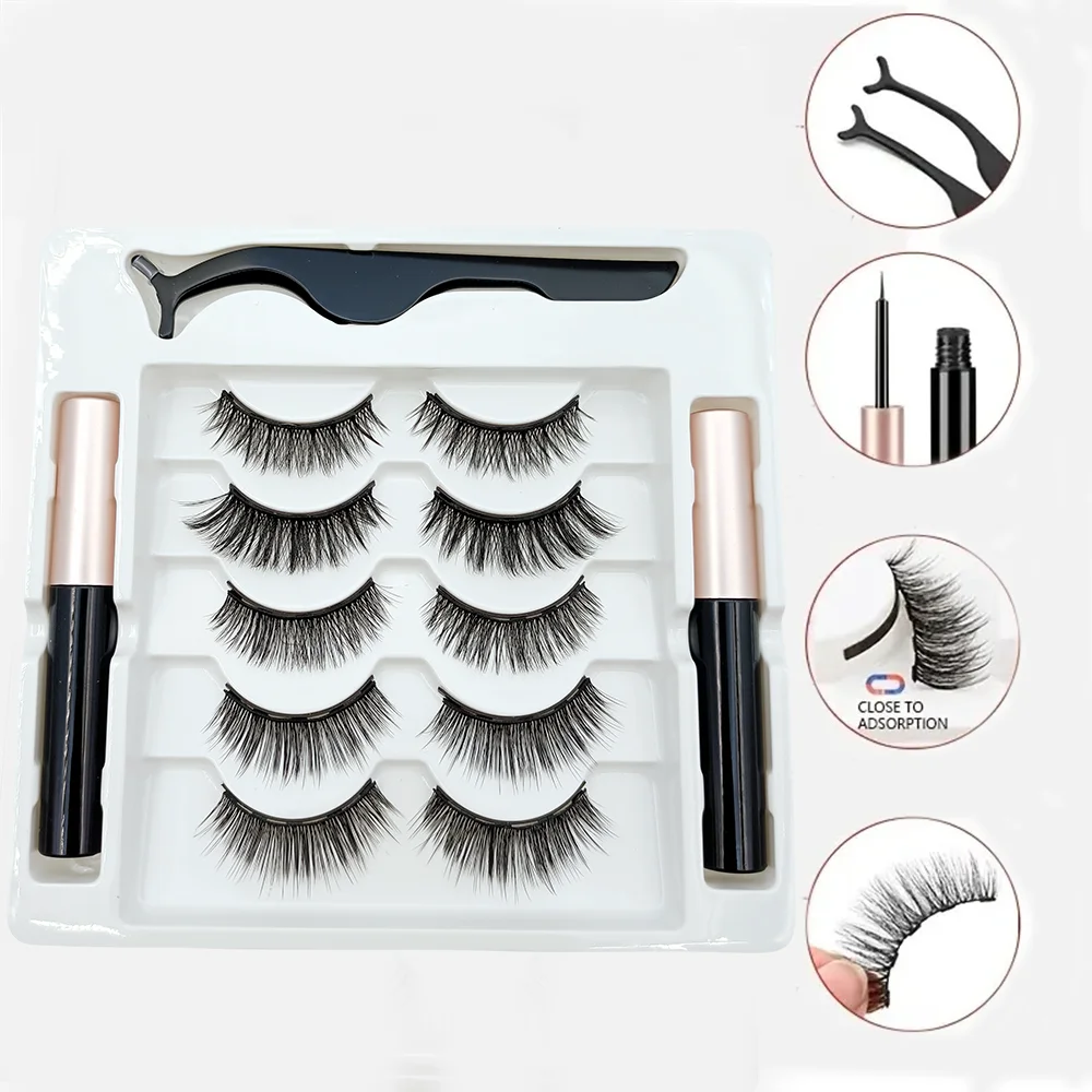 5 Pairs 5 Magnetic Eyelashes Eyeliner Tweezers Set 3D Mink Eyelashes Natural Artificial False Lashes