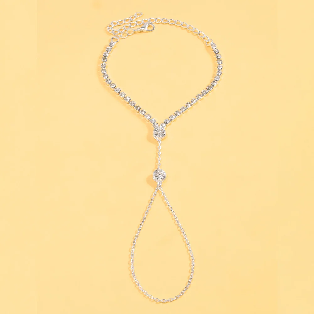Stonefans Simple Rhinestone Link Ring Bracelet Slave Finger Chain Bracelet Jewelry Round Crystal Hand Chain Bracelet Accessories