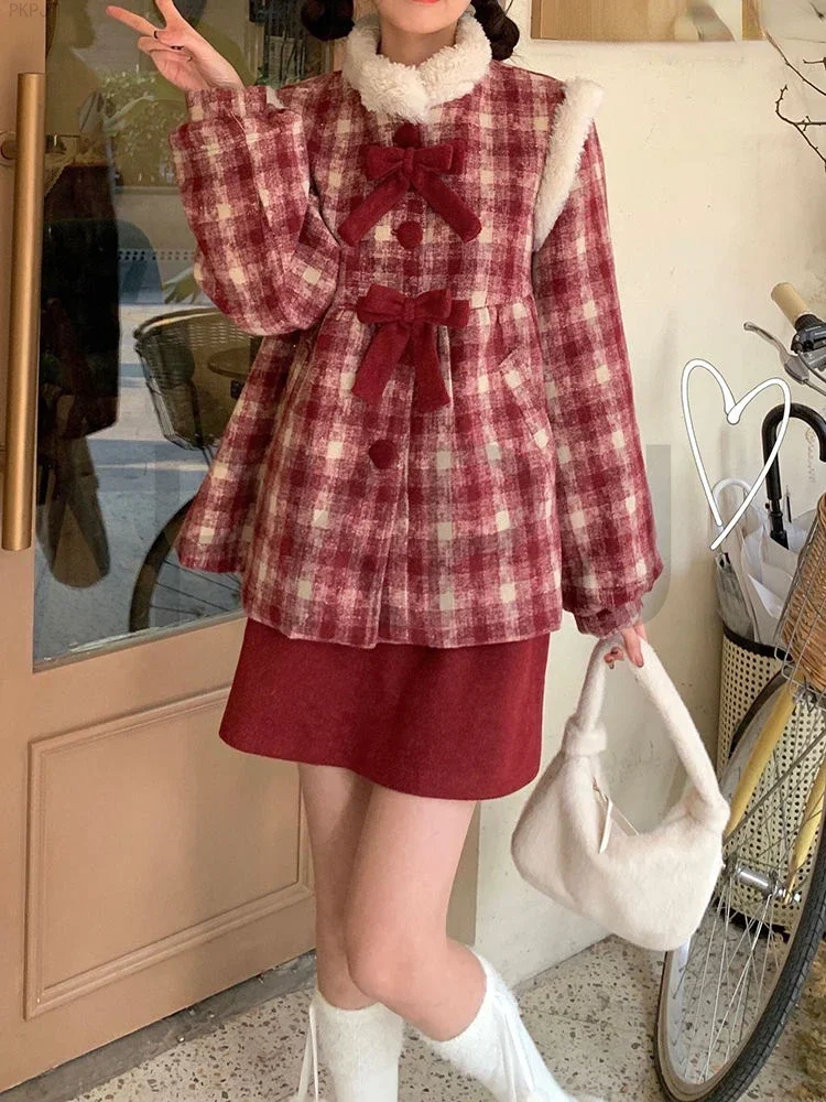 

Christmas Red Kawaii Two-piece Set Women Warm Winter Lolita Skirts Suit 2024 New Year Sweet Plaid Wool Coat + Party Mini Skirts