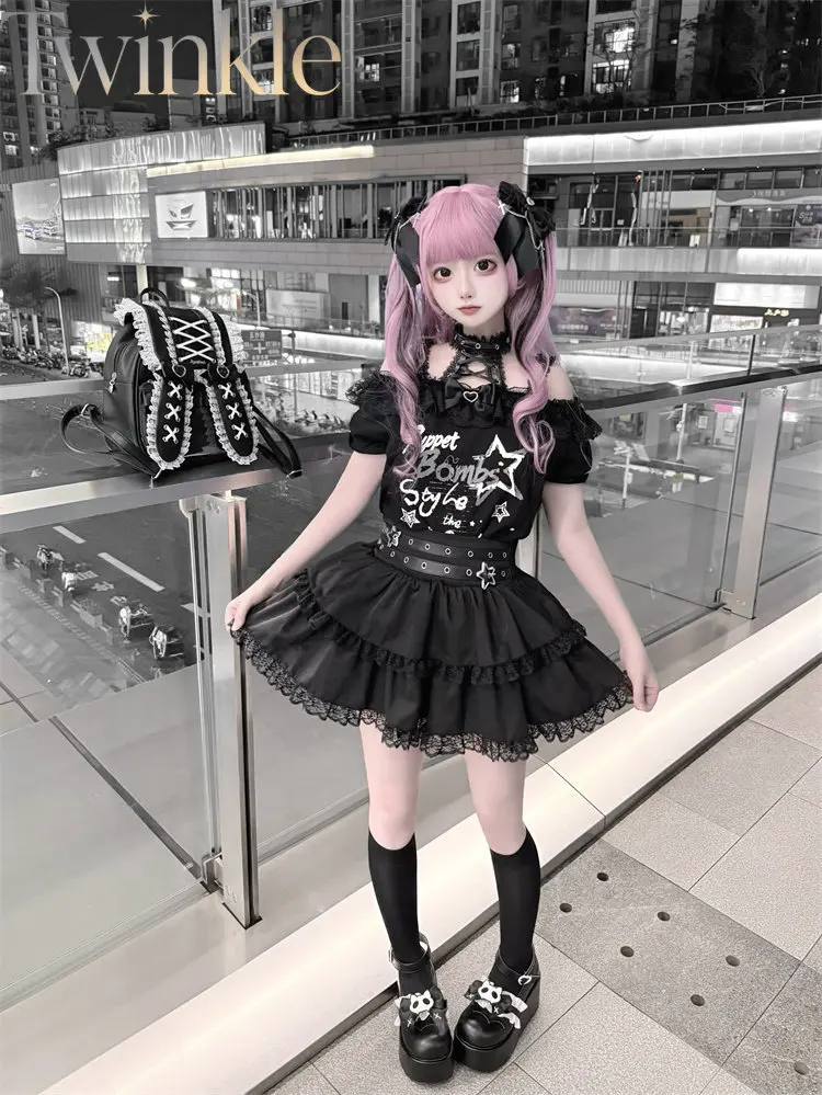 Dark Sweet Cool Girl Lace Up T Shirt and Skirt Set Black Sugar Broken Star Rabbit Print Gothic Punk Streetwear Two Piece Set