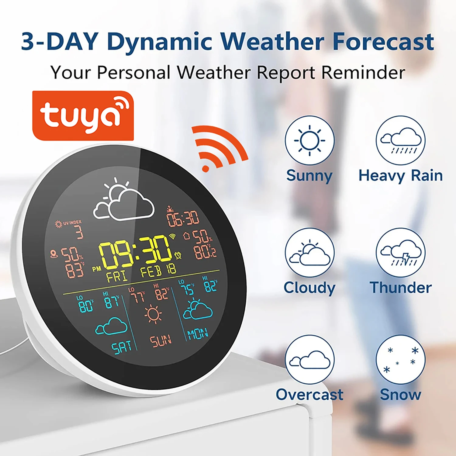 Tuya WIFI Weather Station Wireless Digital Indoor/Outdoor Weather Forecast  Home Table Desk Clock Temperature Humidity Meter