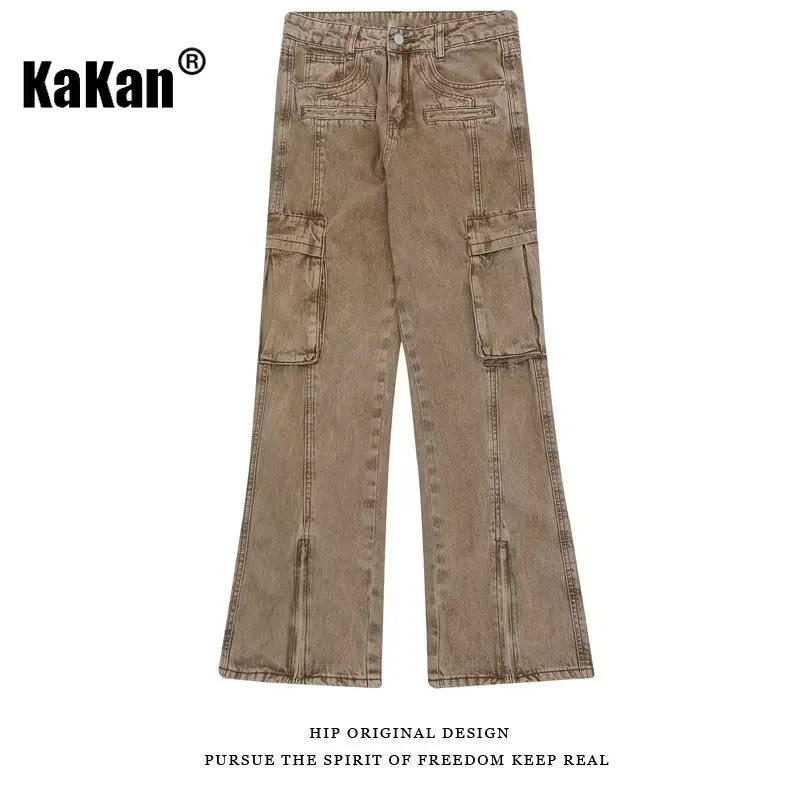 Kakan - Nuovi jeans da uomo europei e americani con cerniera High Street, jeans multitasche larghi vintage divisi K27