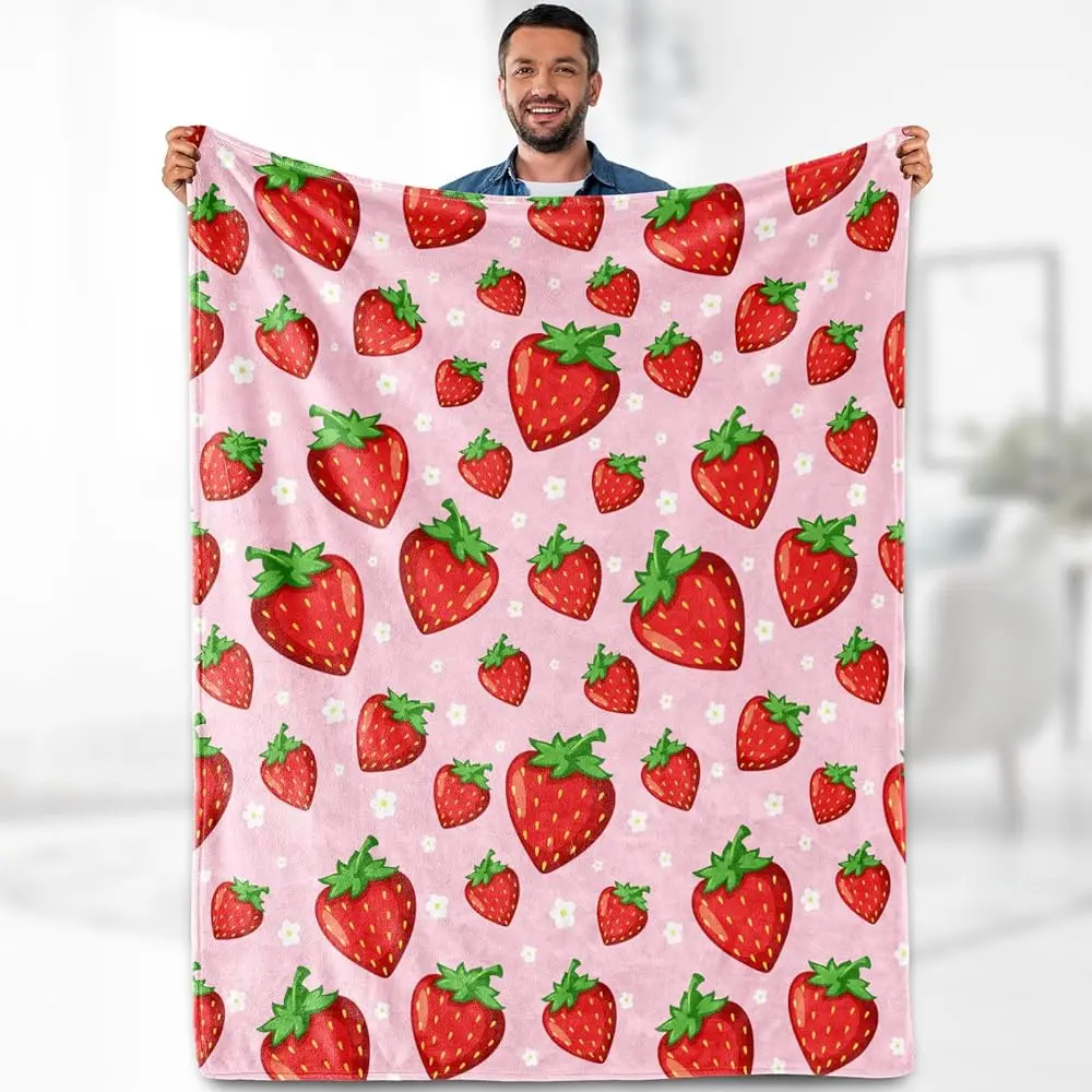 

Pink Strawberry Blanket For Women Kids - Lightweight Strawberry Throw Soft Fuzzy Fleece Blanket For Travelling Camping Office