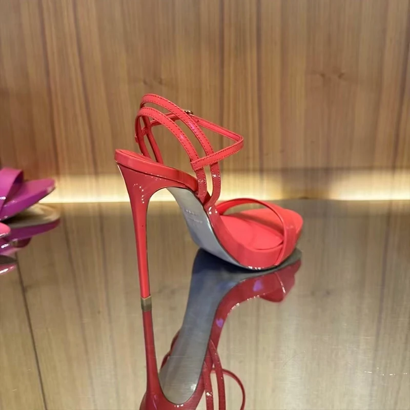 

Elegant Women Leather Red High Heel Sandals Summer Peep Toe Stiletto Dress Evening Party Shoes Sexy Glossy Pointed Toe Slip On
