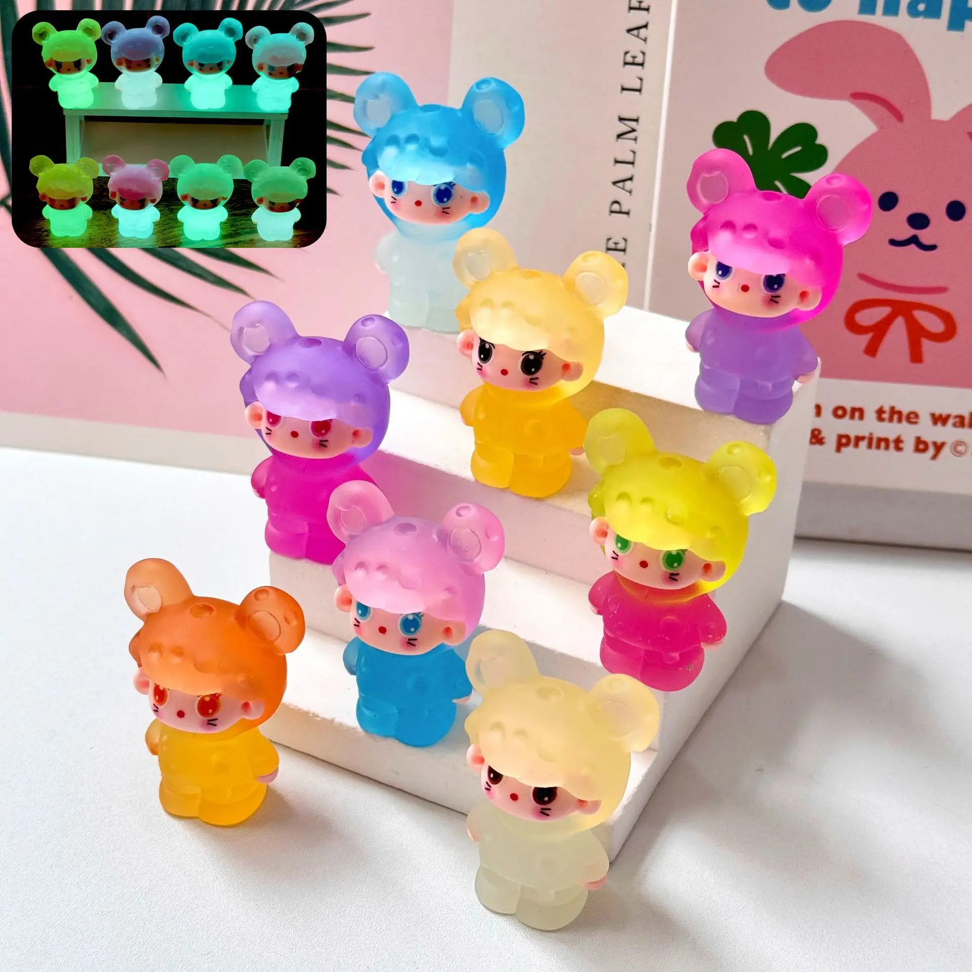 

8Pcs/Set Luminous Cartoon Cheese Mouse Baby DIY Cute Ornament Resin Desktop Ornament Car Decoration Toy Gift