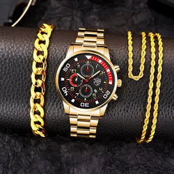 3PCS Set Fashion Mens Calendar Watches Male Casual Stainless Steel Quartz Watch Men Necklace Bracelet Wristwatch Reloj Hombre