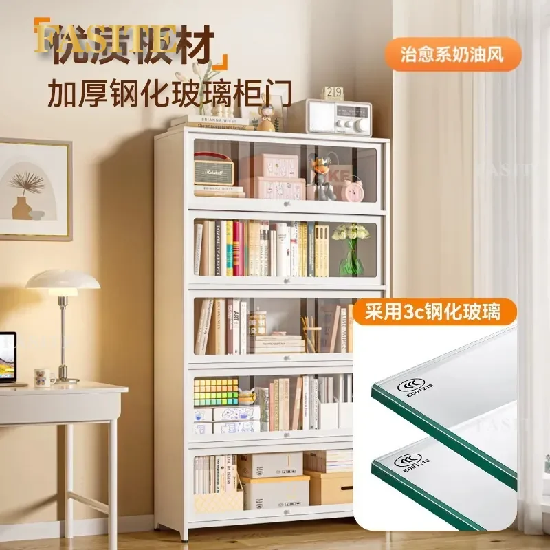 For Household Steel Bookcase with Glass Door Dust-proof Display Cabinet Iron Study Storage Rack for Children Home Office
