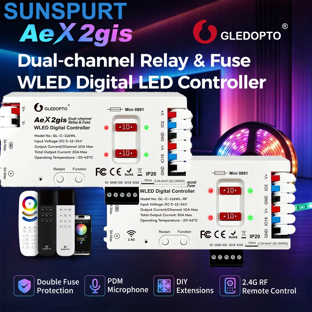 5GL-C-211WL/611WL GLEDOPTO ESP32 SPI PWM WLED LED Controller Matter Thread 226M DC12-48V WIFI App For RGBCCT RGBW RGB CCT Dimmer