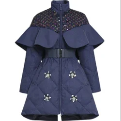 Winter new women's blue stand-up collar long coat white duck down jacket fashion thickened sequins coat