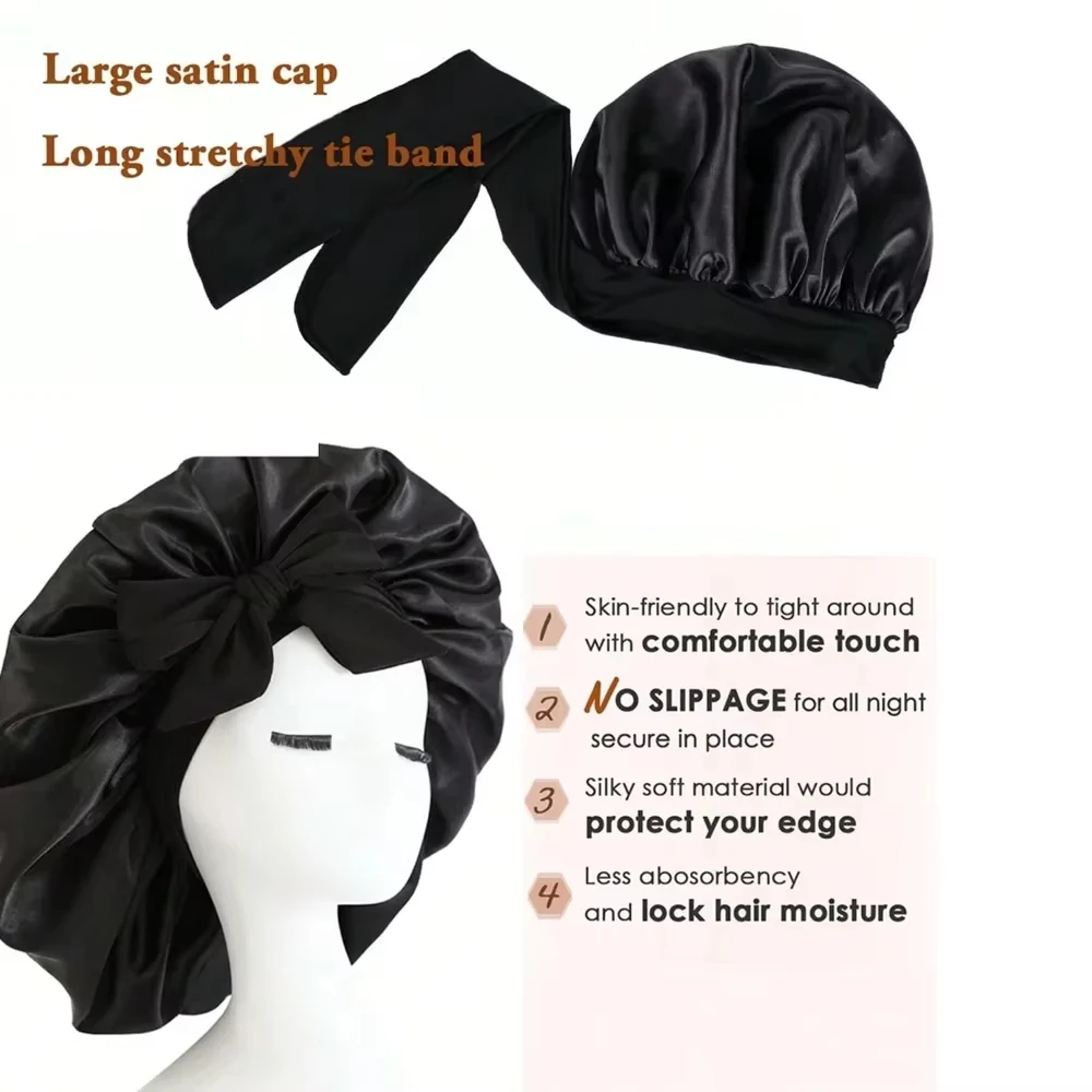 Bonnet Adjustable Satin Silk Hair Tie Band Wide-brimmed Night Sleeping Bathing Hat Bonnet for Women Unisex Protective Headwear