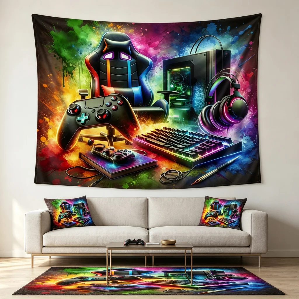 1PC Gaming Setup Colorful Art Print Backdrop Banner, Bedroom Living Room Photo Background, Polyester, Home Decor, Wall Art