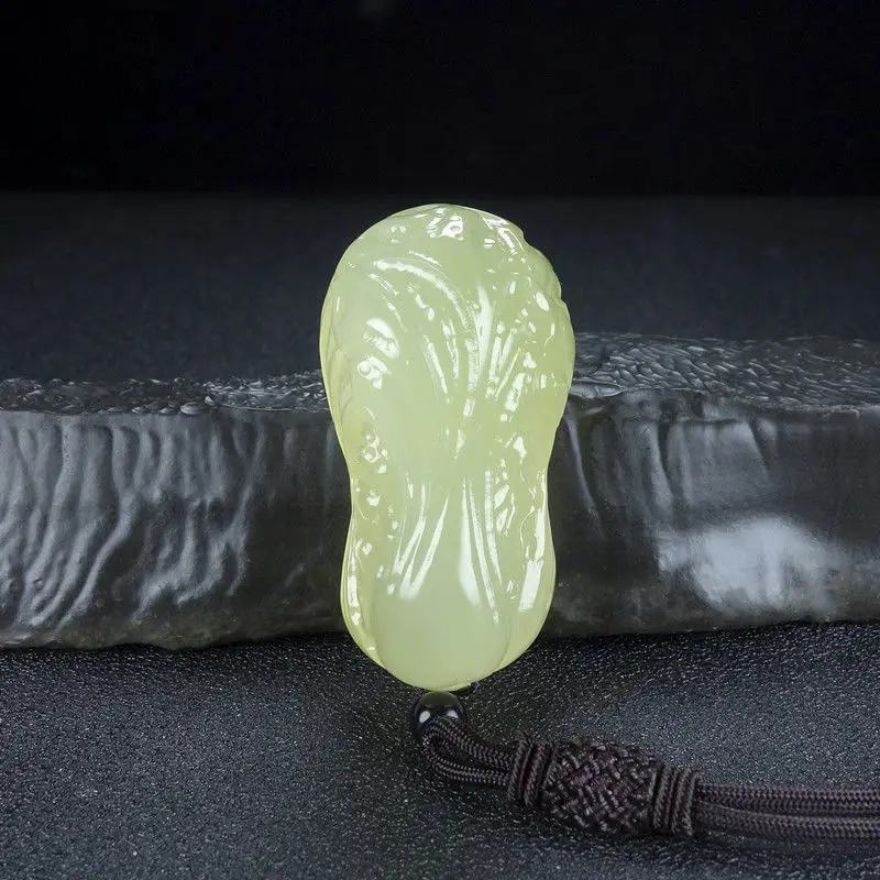 Natural Green White Jade 3D Carved Cabbage Pendant for Men and Women's Baifang Laicai Jade Pendant