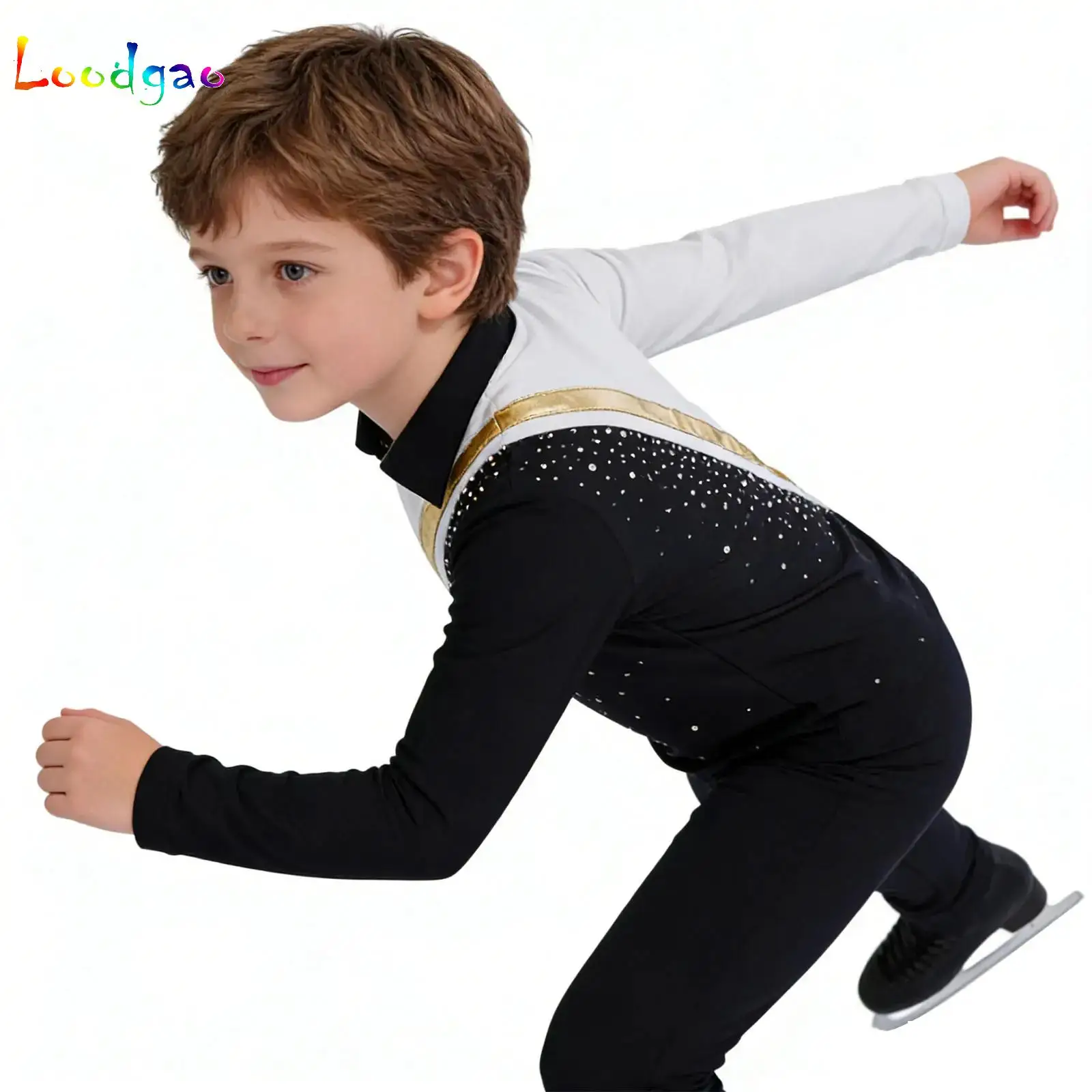 

Kids Boys Figure Skating Latin Dance Performance Costume Metallic Long Sleeve Rhinestones Gymnastics Sports T-Shirts Tops Tees