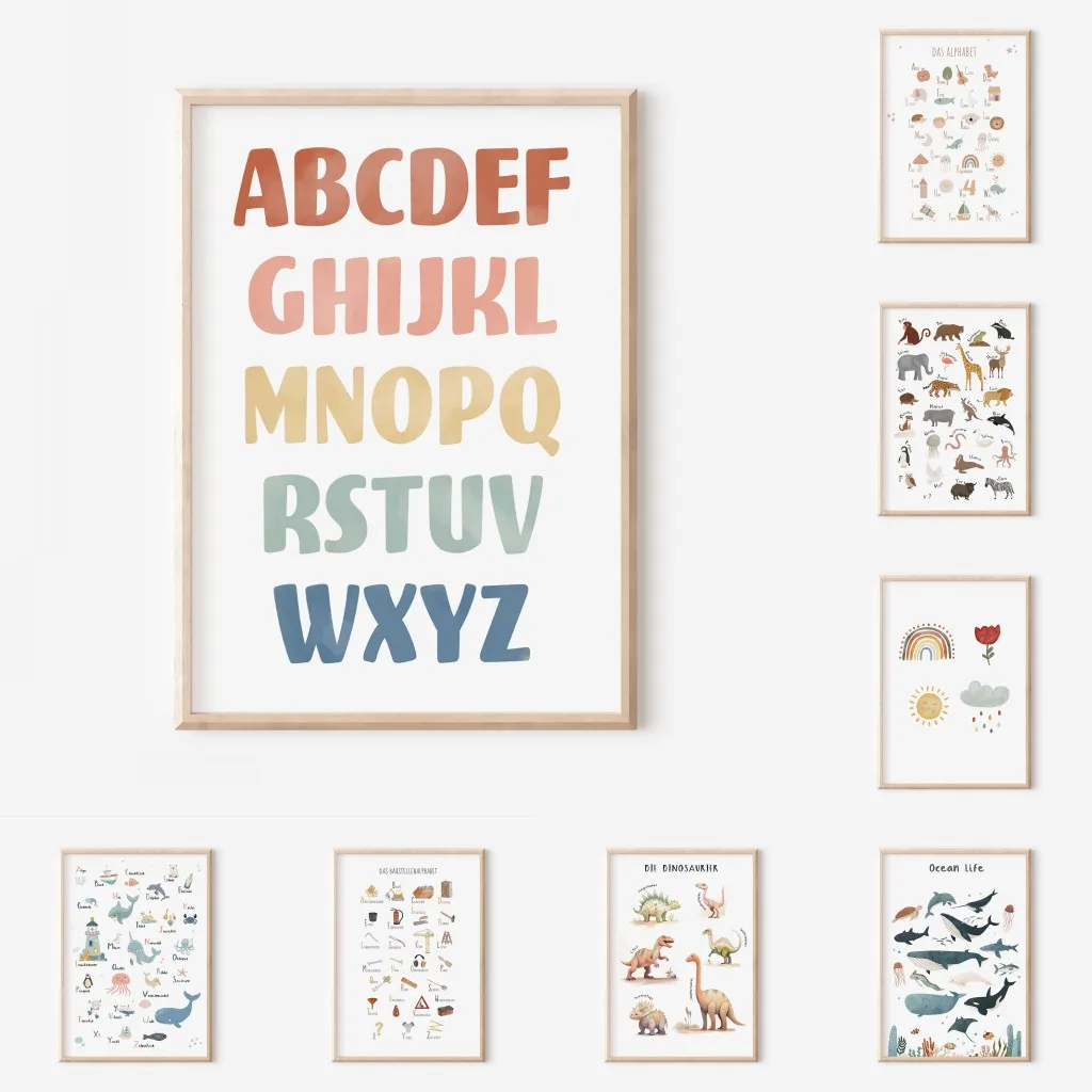 1pc frameless Canvas Painting Nordic Retro Alphabet Number Poster And Prints Children's Room Decor Cartoon Animal Plant Tool Wal