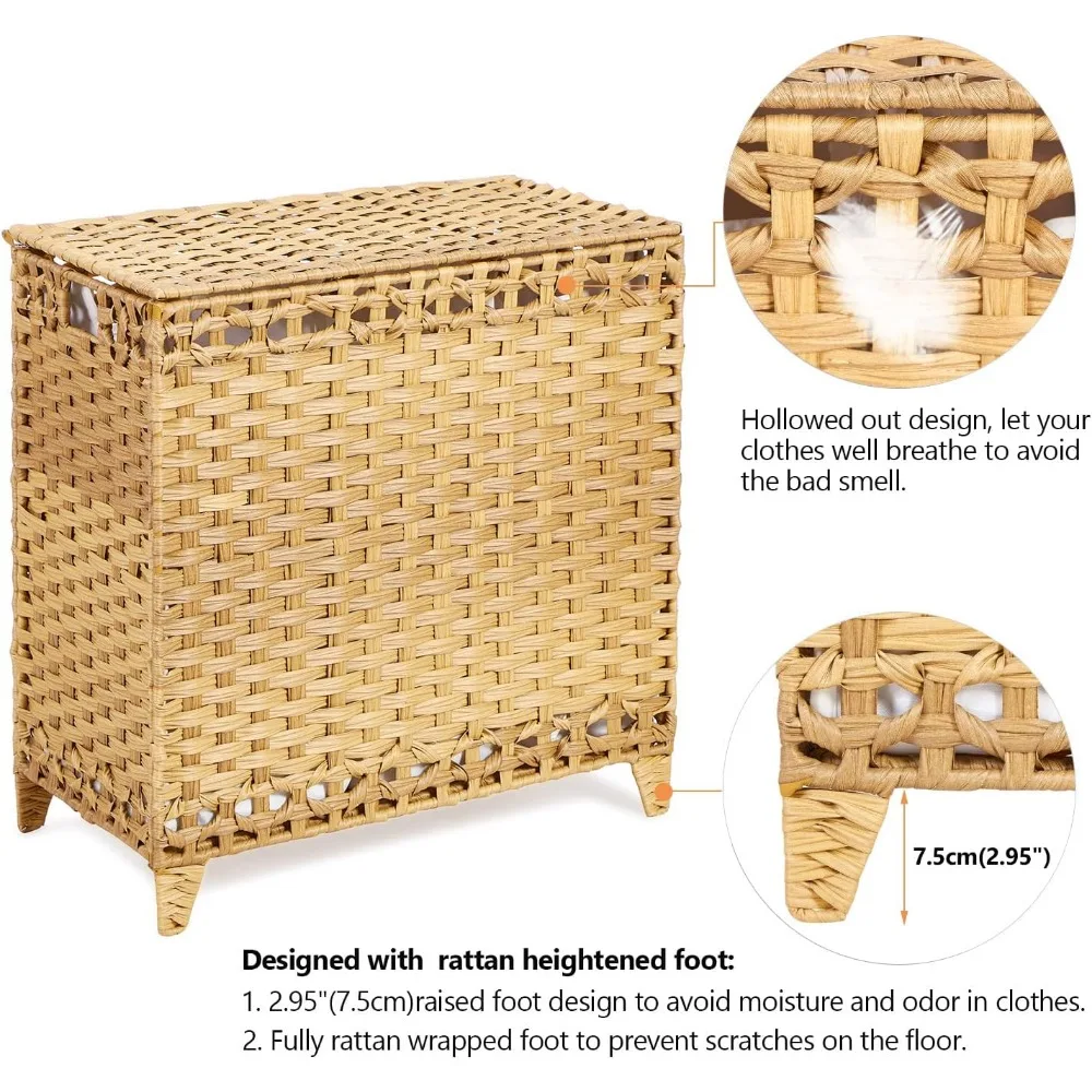Корзина для белья ручной работы из ротанга с 3 съемными сумками-вкладышами, вместительностью 132 л, крышкой и завышенными ножками для улучшенного хранения