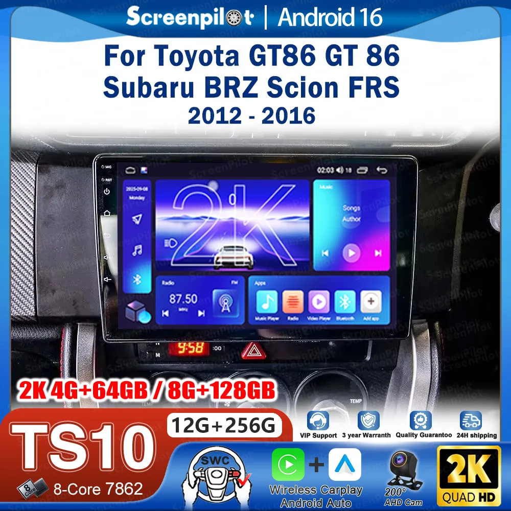 Radio estéreo para coche Android 16 para Toyota GT86 GT 86 Subaru BRZ Scion FRS 2012-2016, unidad principal con CarPlay, radio para coche, pantalla táctil QLED