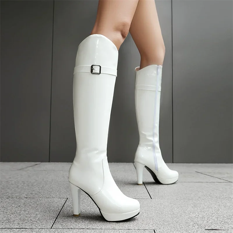 2024 Winter Sexy Knee High Long Boots Ladies Block High Heel Gold Sliver Side Zipper Banquet Party Women Shoes Black Drop Ship