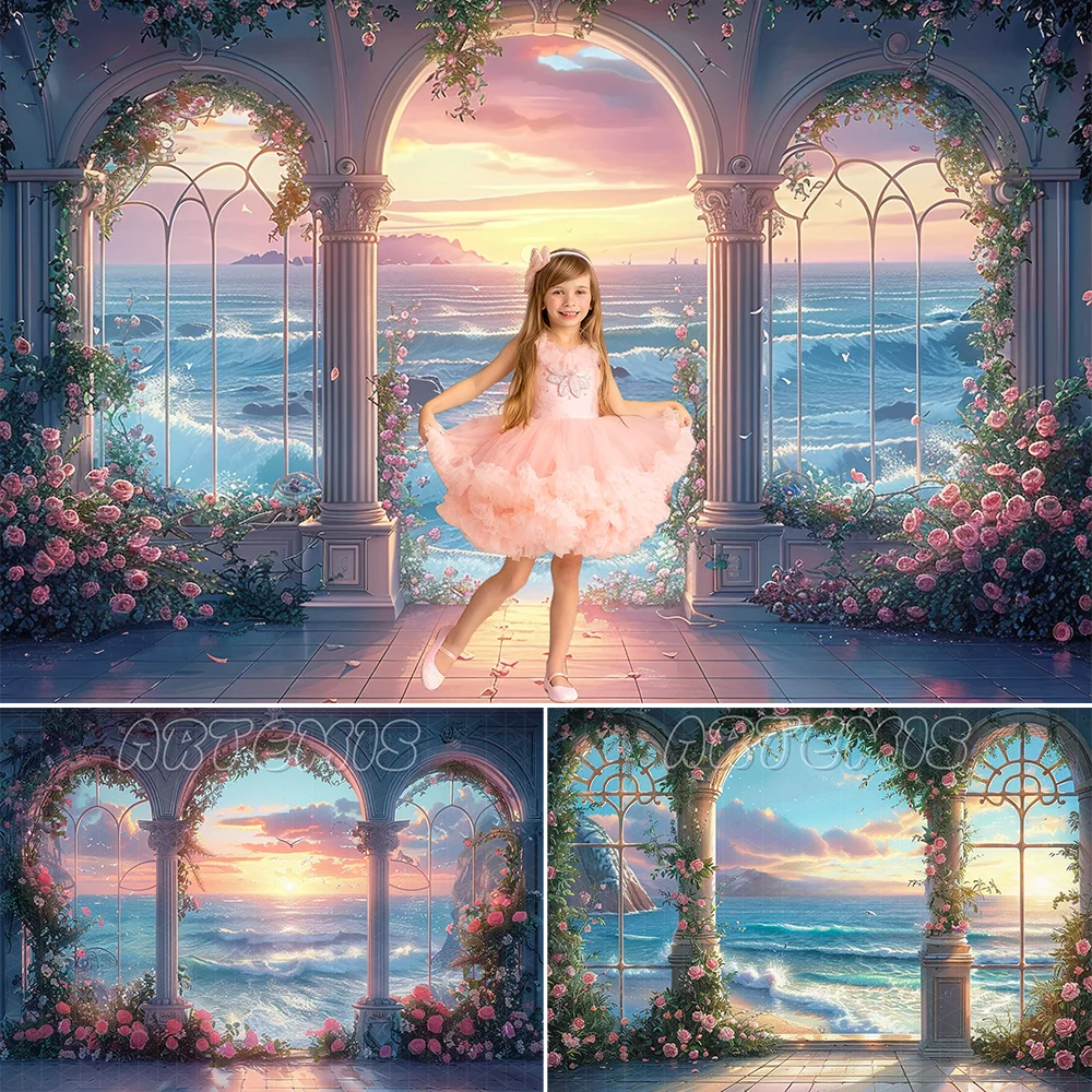 

Spring Backdrop Arch Floral Wreaths Overlooking Ocean Waves Changing Seasons Sunrise Roses Background Photo Studio Photo-call