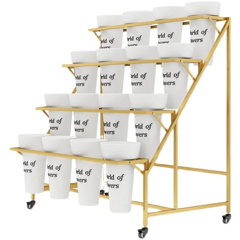 Nordic Flower Shop Display Multi Layer Ladder Flower Stand Movable Iron Flower Bucket Display Shelf