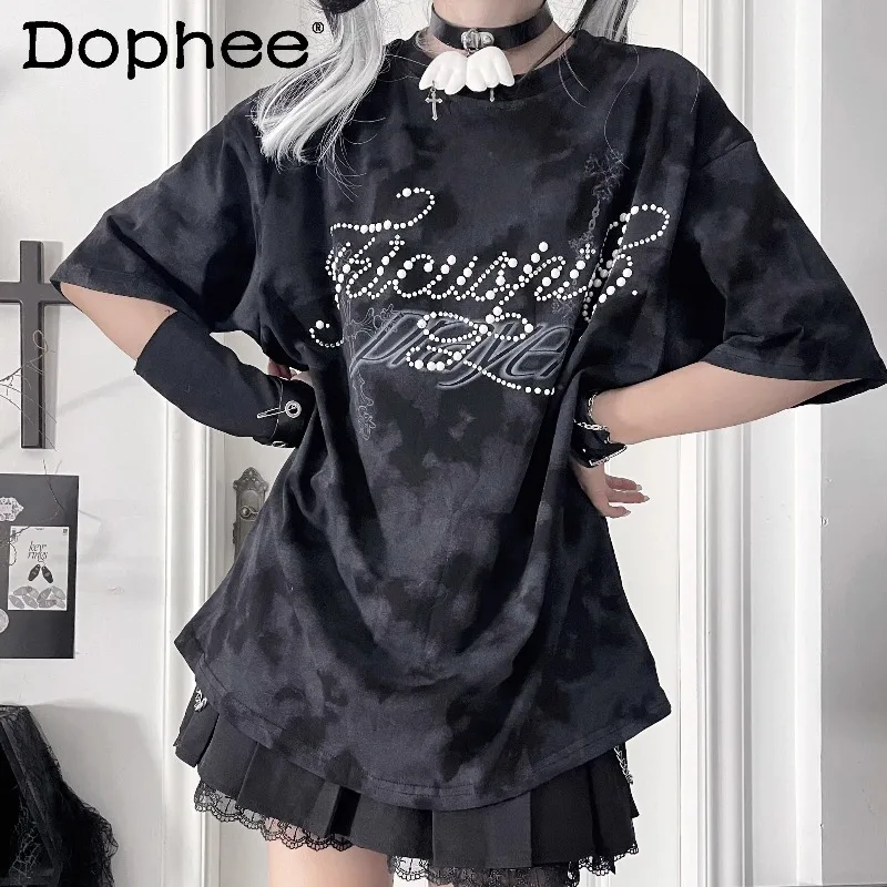 

Новая женская футболка 2026 года в американском стиле с оригинальным принтом из страз, круглым вырезом, коротким рукавом, для уличной моды, трендовая, крутая, повседневная