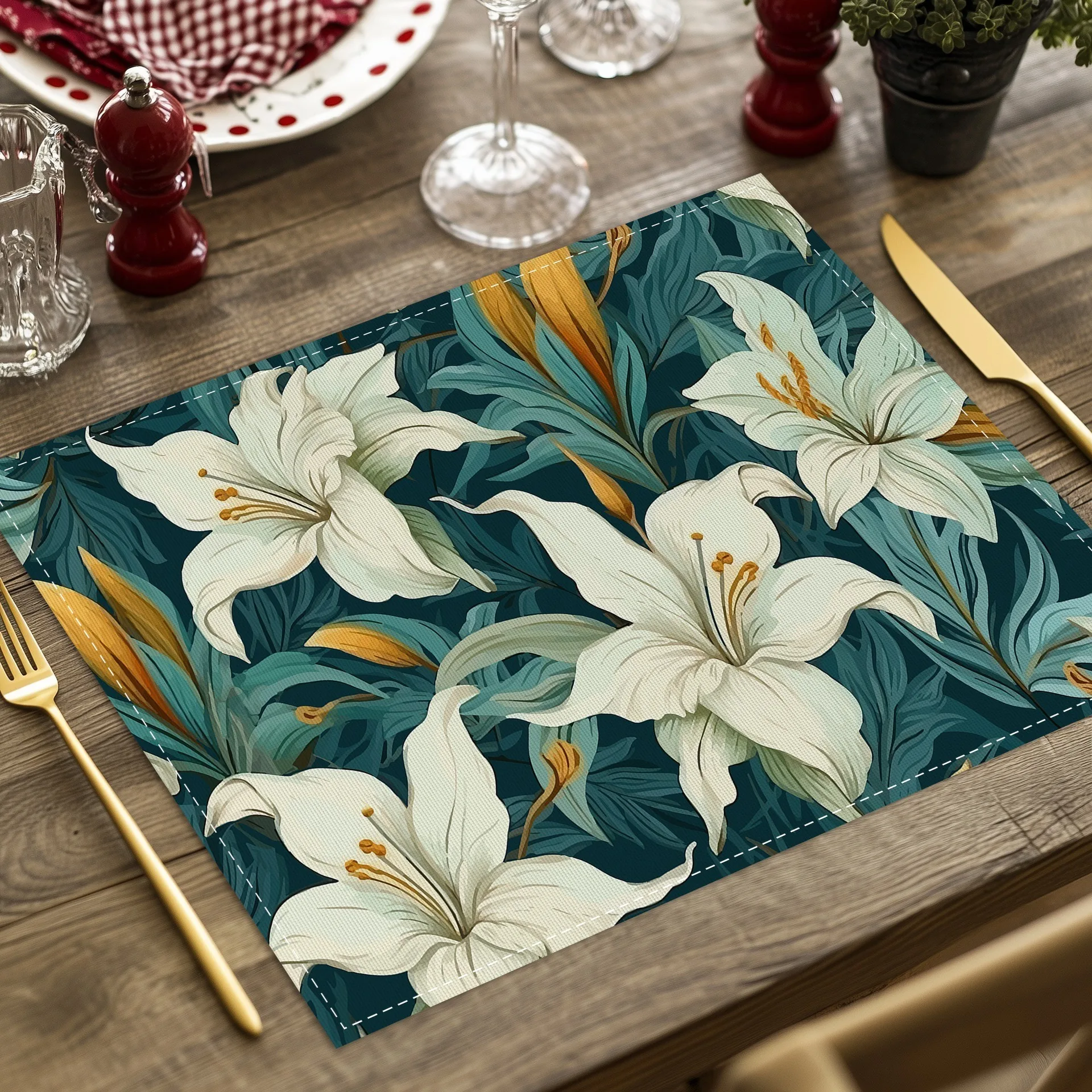 White Lily Placemats Set of 4 6 8 Dark Green Teal Floral Botanical Table Mats Washable Linen Kitchen Dining Heat Resistant