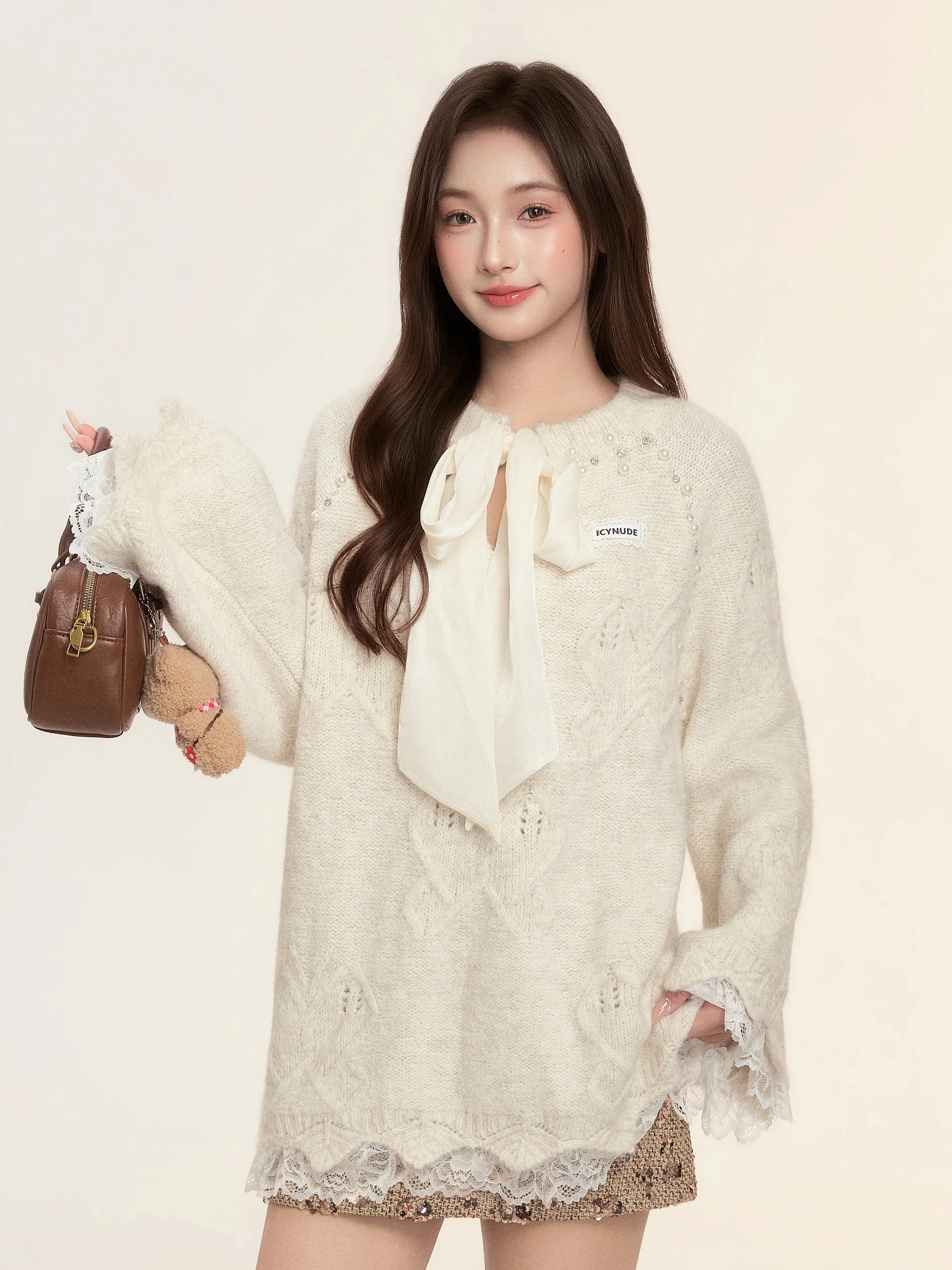 

Свитер свободного кроя Sweet Sle с кружевными вставками и бантом для женщин, из смесовой ткани (полиэстер, нейлон, шерсть), с длинными рукавами